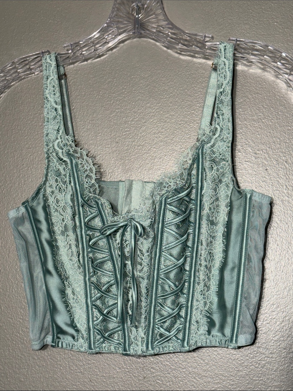 Victoria's Secret Dream Angels Y2K Satin Lace Corset Bustier Top Green M B